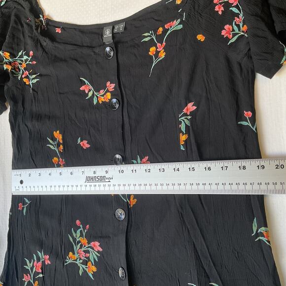 Volcom Women Dress L (10) Black Floral A-Line Button Short Sleeve Knee Length - Picture 5 of 9